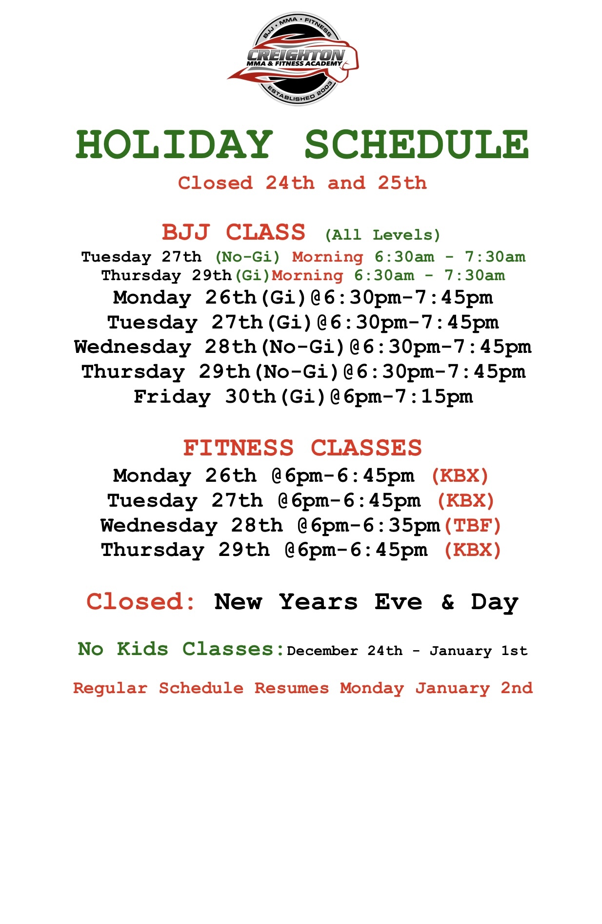 Holiday Schedule Creighton MMA & Fitness