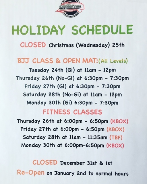 Holiday Schedule at Creighton MMA & Fitness Academy Creighton MMA